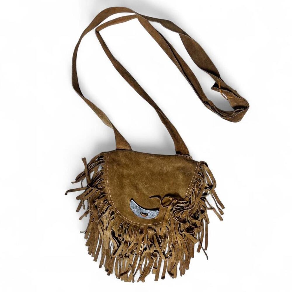 Handmade in USA Vintage 70s Tan Suede Fringe Leather Handbag Purse Crossbody
